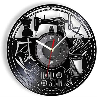 12 Inch Vinyl Record Wall Clock Sewing Machine Tools Vinyl Record Wall Clock Hand Made Tack Clothes Workshop Tailor Art Decor Watch Seamstress Gift