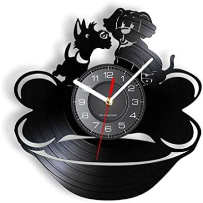 12In Wall Clock Silent Non-Ticking Black Pugs with Bone Wall Clock Puppies Vinyl Record Wall Clock Doggy Style Nursery Vintage Wall Decor Dog Pet Owners Gift