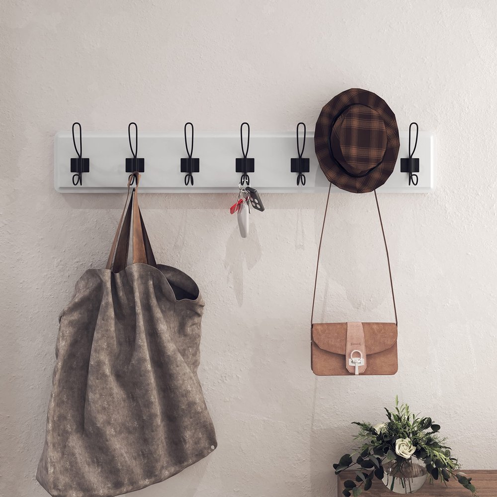 HBCY Creations White Solid Wood Wall Mounted Coat Rack with Shelf, 7 Hooks, 34" Long - Kitchen, Mudroom, Entryway, Bathroom - Includes Mounting Hardware, Coat Hanger, Dog Leash Hooks, Towel Rack