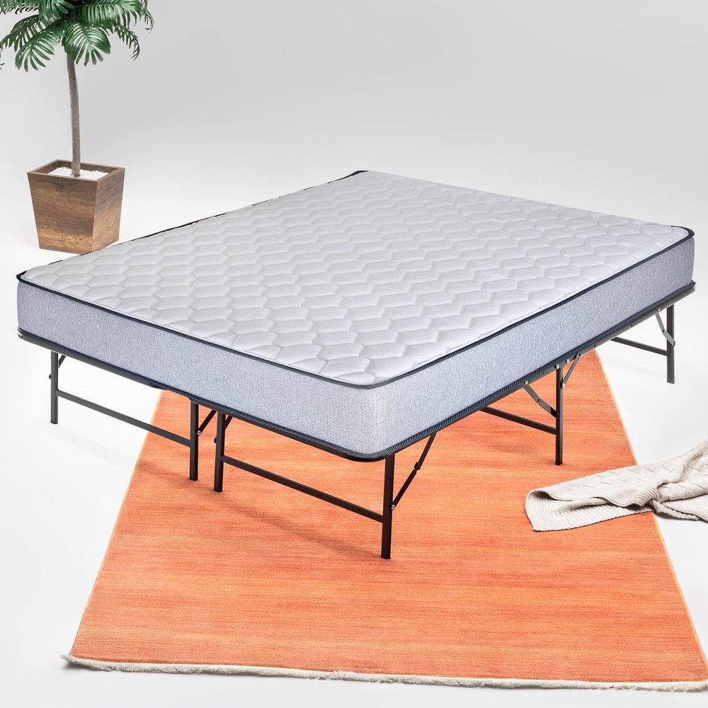 Zayton, 14-Inch Quickbase Metal Platform Bed Frame Foundation with 5" Medium Firm Tight Top High Density Foam Mattress, King, Gray