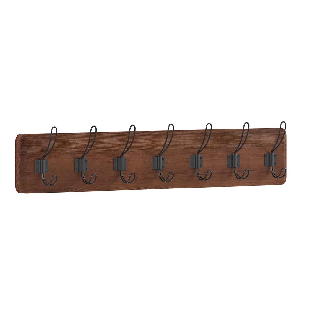 HBCY Creations Rustic Brown Solid Wood Wall Mounted Coat Rack with Shelf, 7 Hooks, 34" Long - Kitchen, Mudroom, Entryway, Bathroom - Includes Mounting Hardware, Coat Hanger, Dog Leash Hooks