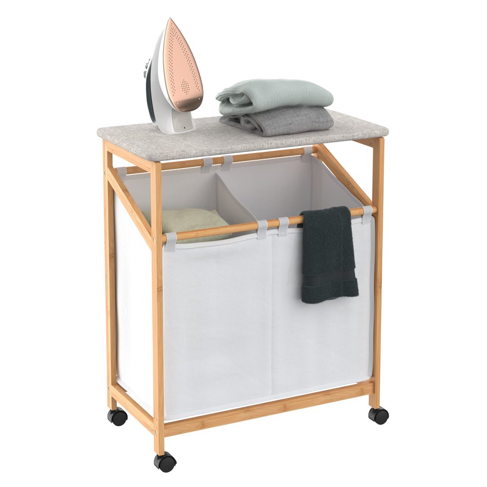 ClosetMaid Bamboo Laundry Hamper Cart with Ironing Board Folding Station, Dual Compartments with Divider, Portable Laundry Sorter, Natural Finish