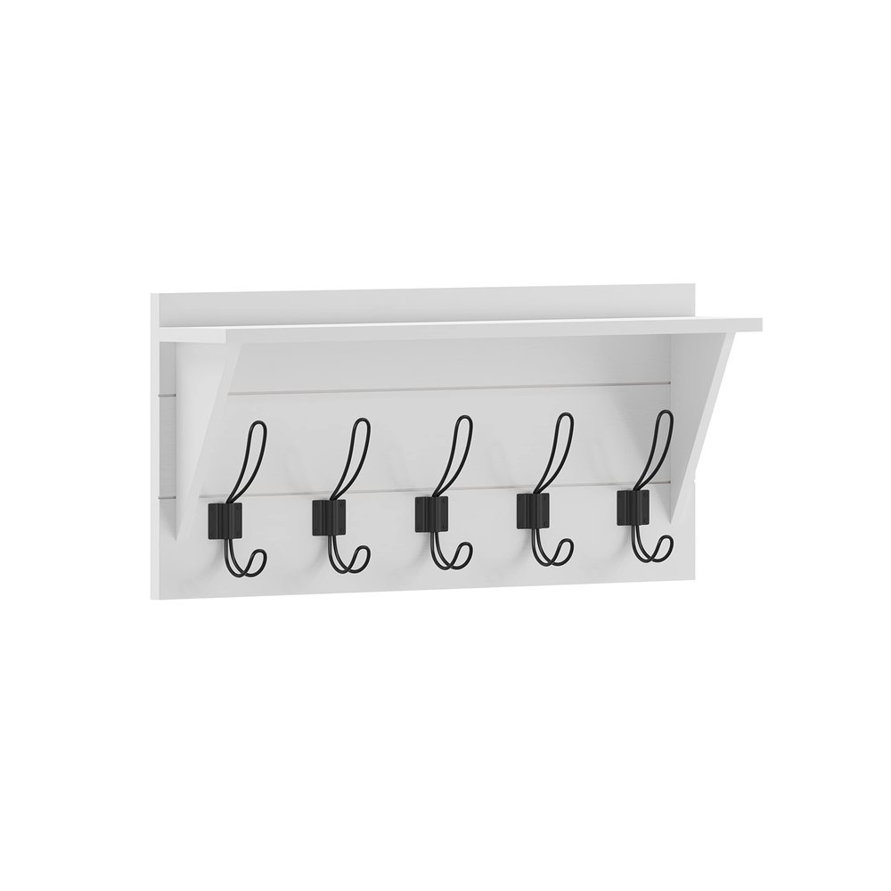 HBCY Creations 24" Wall Mounted Storage Rack - Pine Wood Construction - Solid White Finish - Upper Storage Shelf - 5 Hooks - Ideal for Entryway, Kitchen, Bathroom