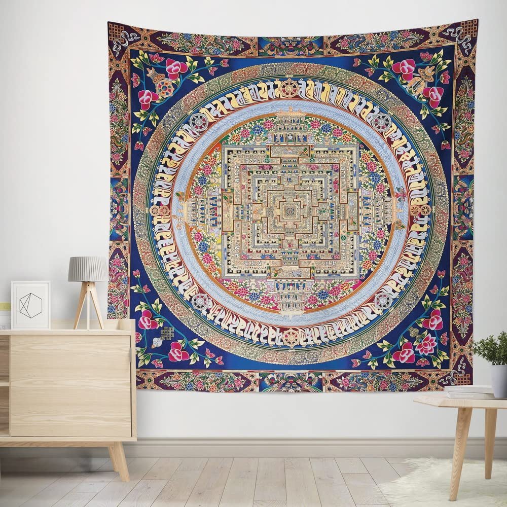 Traditional Tibetan Kalachakra Mandala Hand-Drawn Thangka Painting Replica Tapestry Wall Art Airbnb / Cafe / Office / Hotel / Kid Bedroom Ins TikTok Twitch Live Streaming Background Home Hanging