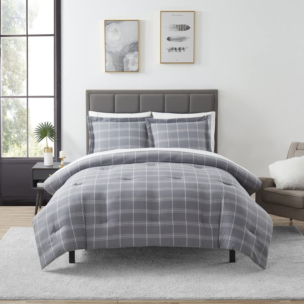 7 Piece Comforter Set Bag Solid Color All Season Soft Down Alternative Blanket & Luxurious Microfiber Bed Sheets, Twin, Gray Plaid