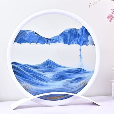 IMPREC 3D Hourglass Art Decorative Ornaments, Glass Quicksand Painting Living Room Office Desktop Decoration Quicksand Painting with Base, Moving Sand Art Picture Sandscape (Color : Blue)
