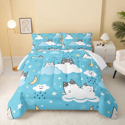 QOOMO Cat Comforter Twin Size, Blue Cloud Cats Comforter Set for Kids Teens Girls Boys, 3Pcs Bedding Set Printed Comforter with 2 Pillowcases, Down Alternative, Soft and Lightweight