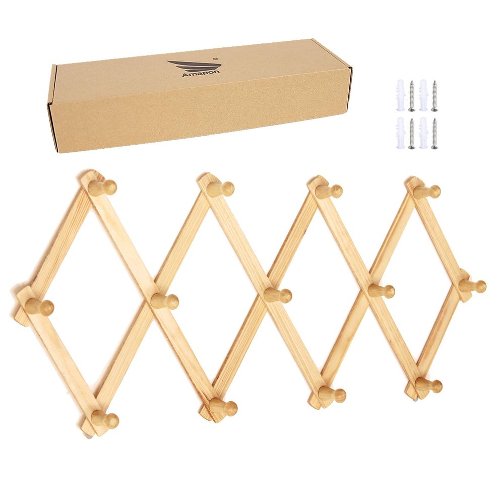 AMAPON Accordion Style Expandable Wall Wooden Coat Rack 13 Hooks (Pegs) Hang Hats Jackets Coffee Mug Purses Necklaces Towels Cap Leash Scarves Data Line Kitchenware (2 Packs)