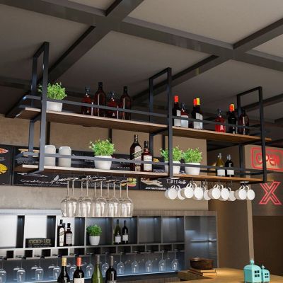 Ceiling Hanging Wine Glass Holder - Ceiling Shelf, Wall Shelf Ceiling Shelf European Hanging Plant Holder Wall Mounted Wine Cabinets Hanging Bottle Rack Hanging Storage Shelf ( Color : Black , Size :