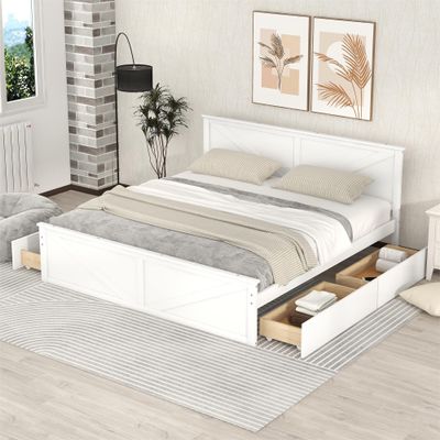 Hlcodca Stylish King Size Platform Bed with 4 Storage Drawers,Solid Wood Frame Platform Bed with Support Legs,for Kid Teens Adults Bedroom Furniture (White#B)