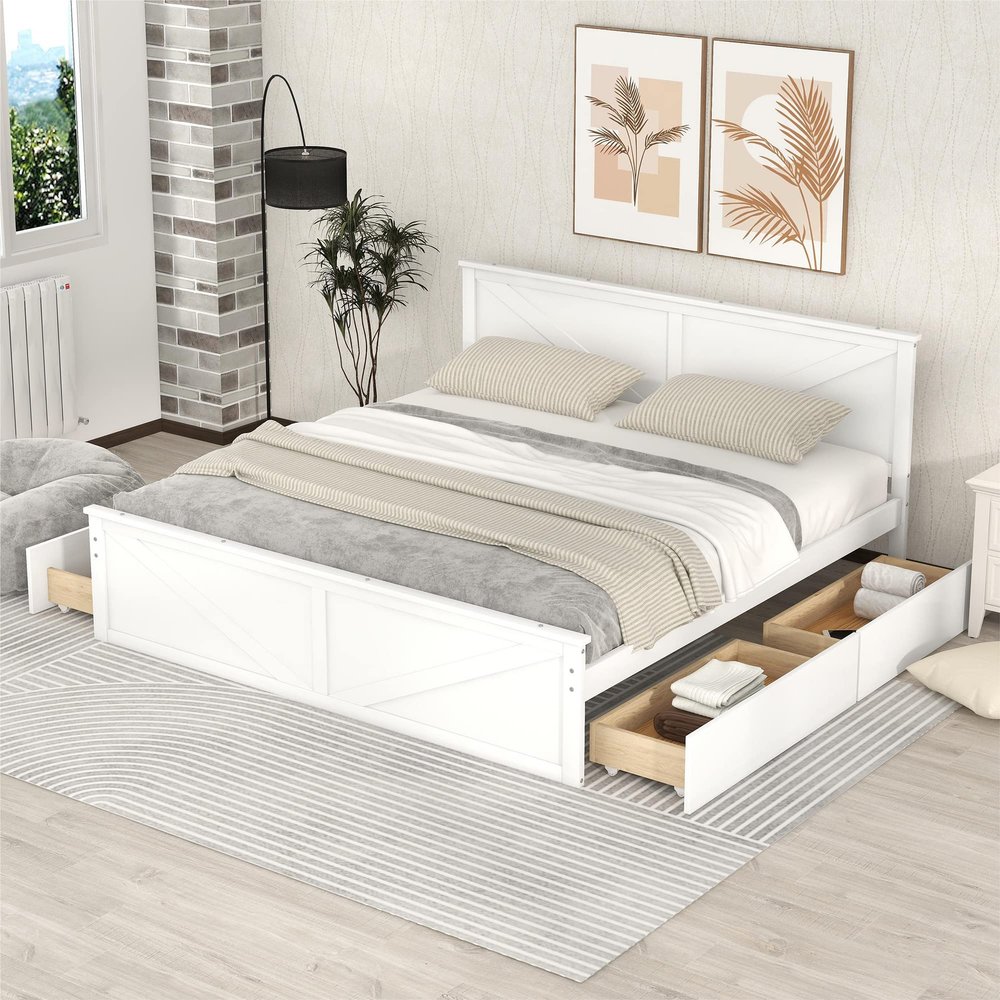 Hlcodca Stylish King Size Platform Bed with 4 Storage Drawers,Solid Wood Frame Platform Bed with Support Legs,for Kid Teens Adults Bedroom Furniture (White#B)