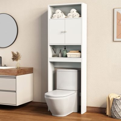 Bathroom Storage Cabinet, Over The Toilet Storage Cabinet Freestanding Home Bathroom Shelf Bathroom Organizer Toilet Cabinet with Double Door and Adjustable Shelf Wood Bathroom Space Saver