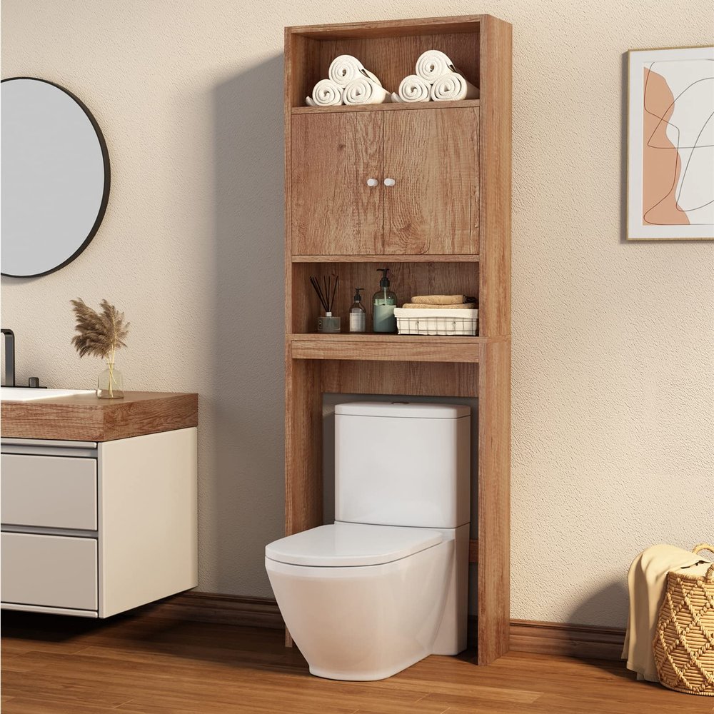 Modern Bathroom Cabinet, Freestanding Above Toilet Rack with Open Shelves Bathroom Shelf Over The Toilet Bathroom Cabinet Organizer with Adjustable Shelves and Double Doors