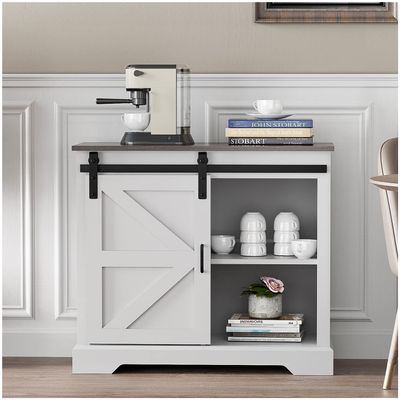Saranya 18 Shop New White Modern Coffee Bar Cabinet Sliding Barn Door Sideboard Buffet Storage Table Bathroom Office Kitchen Cupboard Furniture Shelves Shelf 31.5" L x 13.8" Wx 32" H of Set
