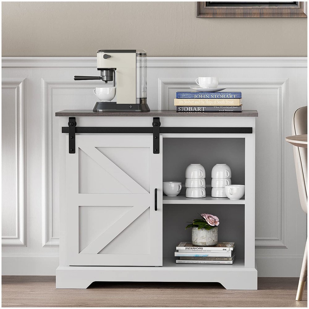 Saranya 18 Shop New White Modern Coffee Bar Cabinet Sliding Barn Door Sideboard Buffet Storage Table Bathroom Office Kitchen Cupboard Furniture Shelves Shelf 31.5" L x 13.8" Wx 32" H of Set