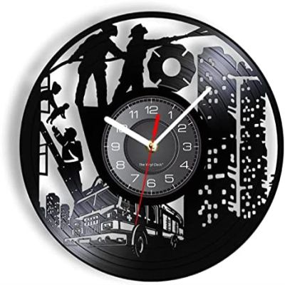 12 Inch Wall Vinyl Decorative Wall Clocks Station Department Vinyl Record Clock Watch Art First Responder Emergency Firefighter Fireman Room Dcor