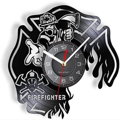 12 Inch Round Wall Clock Firefighter Clock Dept Wall Decor Wall Clock Firemen Helmet Rescue Vinyl Record Wall Clock Burned Maltese Cross Clock