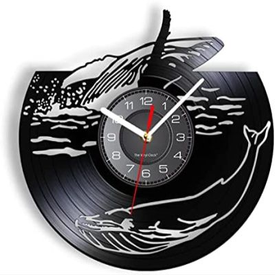 12 Inch Round Wall Clock Whale Ocean Animal Vintage Vinyl Record Wall Clock Room Silent Non-Ticking Quartz Ocean Theme Decorative Whales Wall Clock