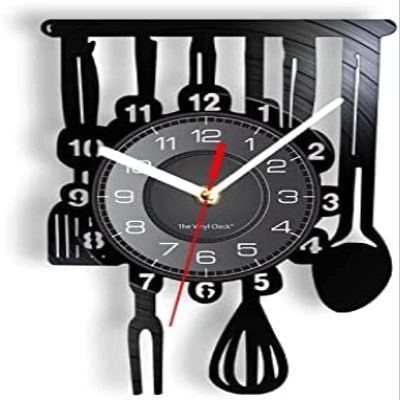12 Inch Vinyl Record Wall Clock Cutlery Kitchen Art Sign Wall Clock Dinning Room Restaurant Cutlery Wall Decor Vintage Utensil Vinyl Record Wall Clock
