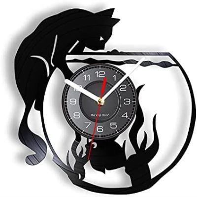 12 Inch Vinyl Record Wall Clock Cat Capturing Fish Fishbowl Wall Clock Made of Real Vinyl Record Vivid Vinyl LP Record Wall Clock Laser Cut Handicraft Art Decor