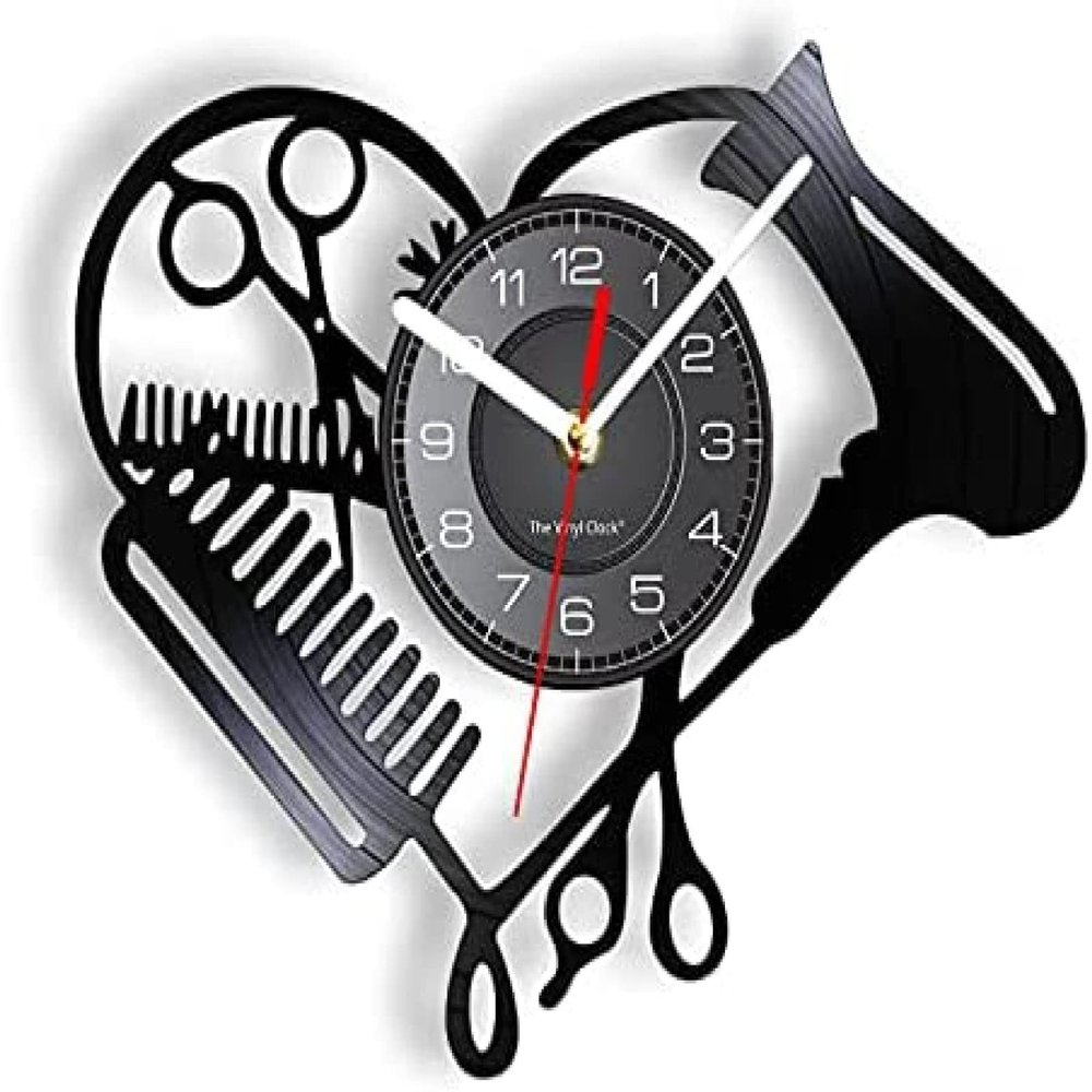 12 Inch Round Wall Clock Barber Shop Tools Vinyl Record Wall Clock Beauty Hair Salon Heart Shape Dryer Scissor Comb Hairstylist Design Silent Clock Watch
