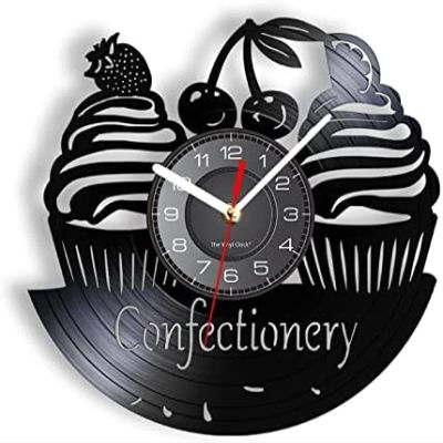 12 Inch Vinyl Record Wall Clock Confectionery Business Wall Sign Modern Wall Clock Sweets Cupcake Vinyl Record Wall Clock Bakery Cherry Cake Decorative Clock
