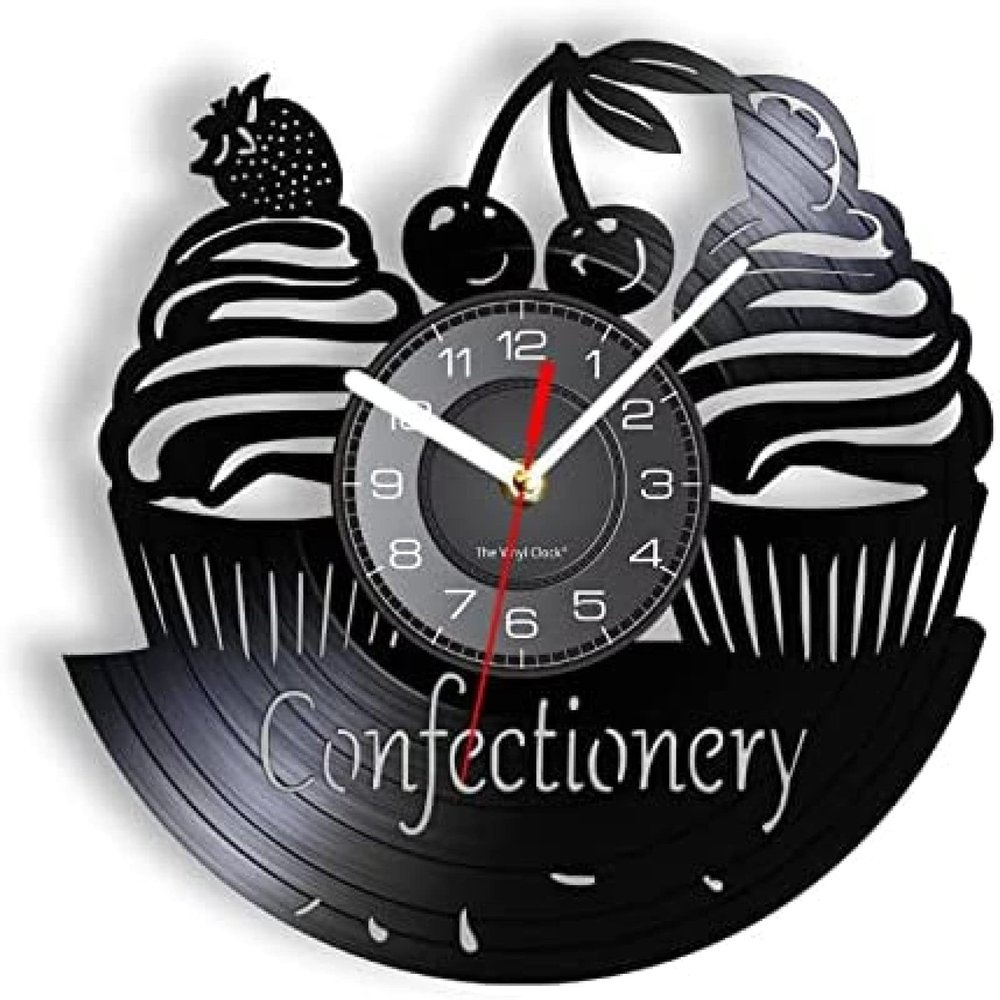 12 Inch Vinyl Record Wall Clock Confectionery Business Wall Sign Modern Wall Clock Sweets Cupcake Vinyl Record Wall Clock Bakery Cherry Cake Decorative Clock