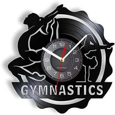 12In Wall Clock Silent Non-Ticking Gymnastics Tumbling Wall Clock Gym Wall Art Girls Gymnastics Vinyl Record Clock Fitness Workout Gymnast Decorative Clock Watch