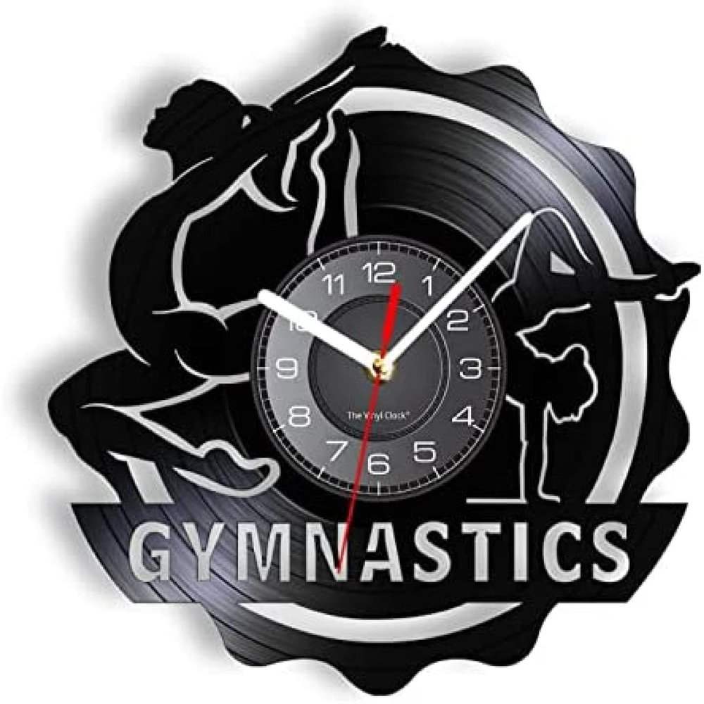 12In Wall Clock Silent Non-Ticking Gymnastics Tumbling Wall Clock Gym Wall Art Girls Gymnastics Vinyl Record Clock Fitness Workout Gymnast Decorative Clock Watch