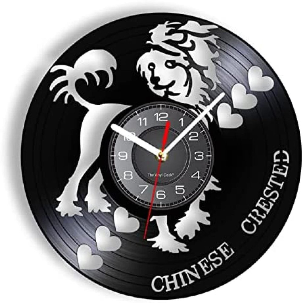 12 Inch Vinyl Record Wall Clock Chinese Crested Dog Modern Design Wall Clock Pet Shop Grooming Puppy Artwork Dogs Breed Vinyl Record Wall Clock Dog Lover Gift