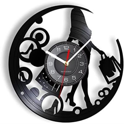 12In Wall Clock Silent Non-Ticking Shopaholic Lady Girly Wall Clock Shopping Woman Vinyl Record Wall Clock Beautician Girl Home Decor Modern Design Clock