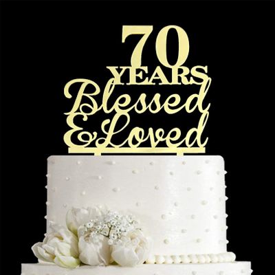 JIEEIN 70 Years Blessed & Loved Cake Topper - 70th Birthday, Wedding Anniversary Party Decorations - Mirror Gold Acrylic