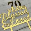 JIEEIN 70 Years Blessed & Loved Cake Topper - 70th Birthday, Wedding Anniversary Party Decorations - Mirror Gold Acrylic view 2