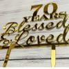 JIEEIN 70 Years Blessed & Loved Cake Topper - 70th Birthday, Wedding Anniversary Party Decorations - Mirror Gold Acrylic view 3
