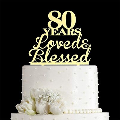 JIEEIN 80 Years Loved & Blessed Cake Topper - 80th Birthday, Wedding Anniversary Party Decorations - Mirror Gold Acrylic