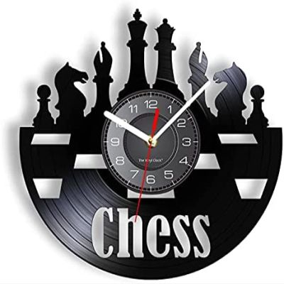 12 Inch Vinyl Record Wall Clock Chess Wall Clock Made of Real Vinyl Record Chess Board Pieces Vintage Design Wall Watch Silent Black Hanging Decor