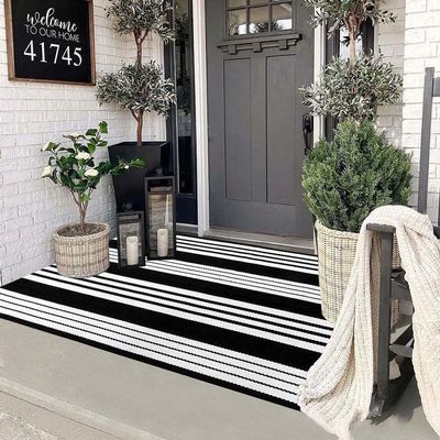 Black and White Outdoor Rug 3'x 5' Front Porch Rug Cotton Hand-Woven Striped Rug Machine Washable Indoor/Outdoor Area Rug Front Door Floor Mat for Farmhouse/Layered Door Mats/Living Room/Entryway