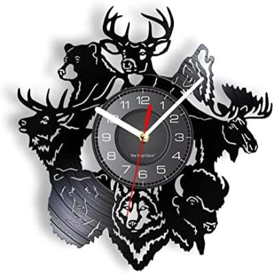 12 Inch Round Wall Clock Wild Animals Vinyl Wall Clock Deer Wolf Bear Ox Wildlife Nature Laser Cut Wall Watch Living Room Decor Artwork