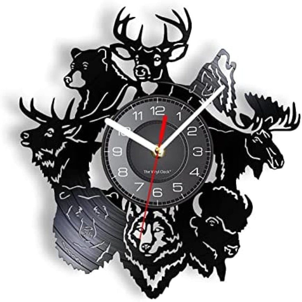 12 Inch Round Wall Clock Wild Animals Vinyl Wall Clock Deer Wolf Bear Ox Wildlife Nature Laser Cut Wall Watch Living Room Decor Artwork