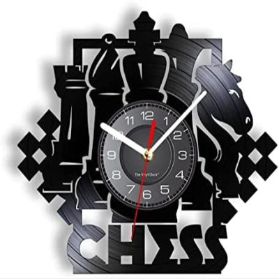 12 Inch Round Wall Clock Chess Game Wall Art Wall Clock Chessboard Black Pieces Strategy Player Club Vinyl Record Clock Chess Lovers Gift