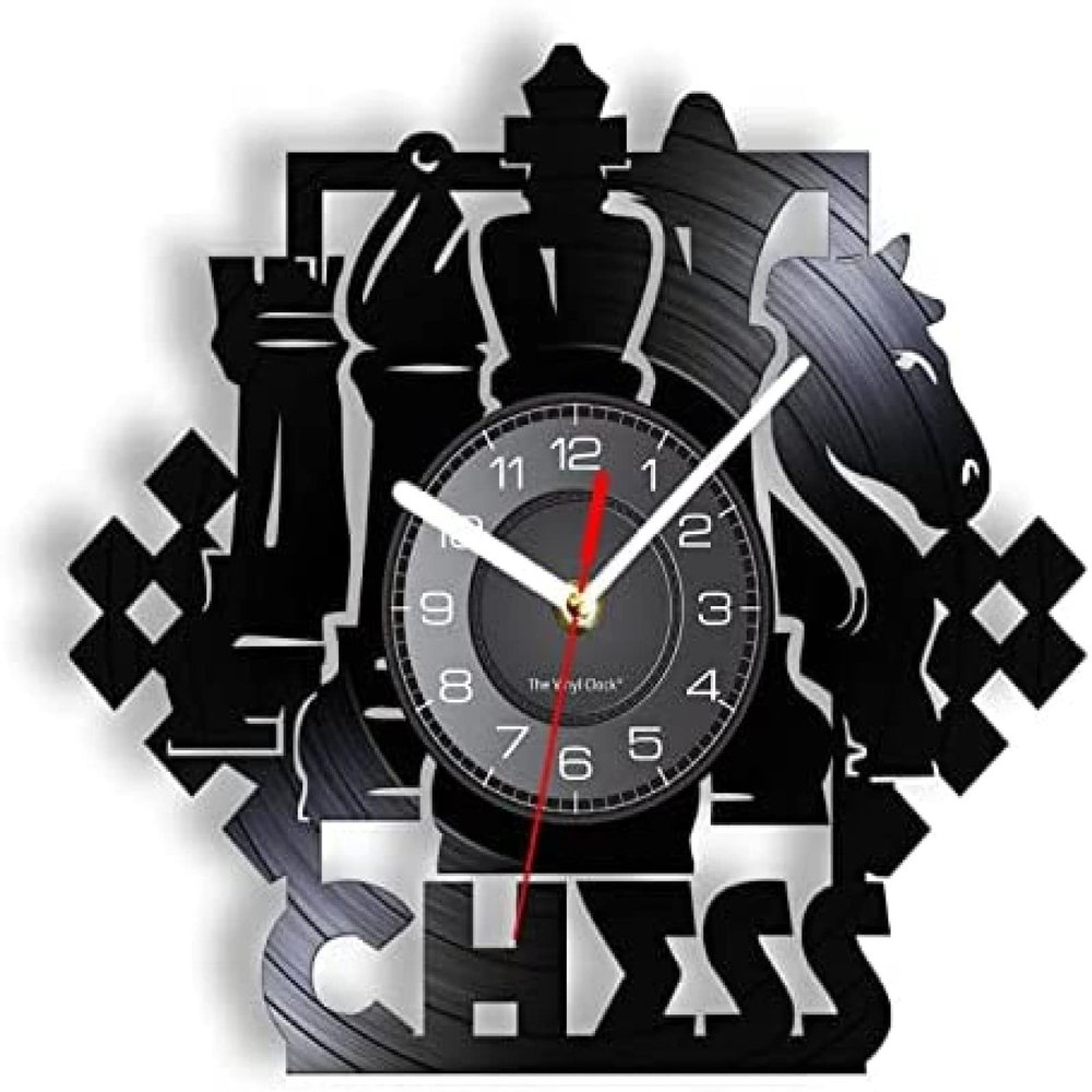 12 Inch Round Wall Clock Chess Game Wall Art Wall Clock Chessboard Black Pieces Strategy Player Club Vinyl Record Clock Chess Lovers Gift