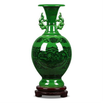 KIZQYN Flower Vase Ceramic Vase New Chinese Style Retro Green Porcelain Vases 12.8 Inch Hand Painting Stoneware Decor Flower Vase Home Living Room Decoration Vase for Decor