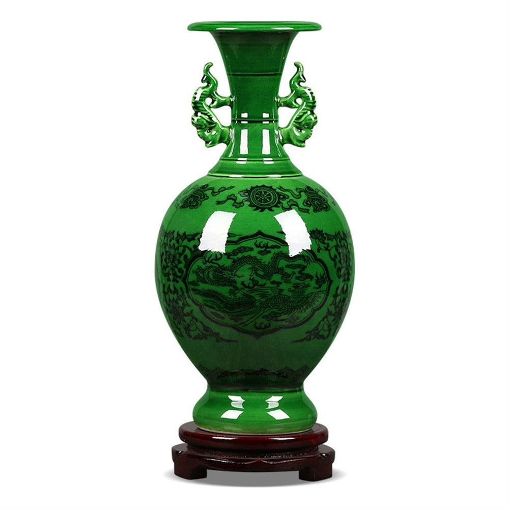 KIZQYN Flower Vase Ceramic Vase New Chinese Style Retro Green Porcelain Vases 12.8 Inch Hand Painting Stoneware Decor Flower Vase Home Living Room Decoration Vase for Decor