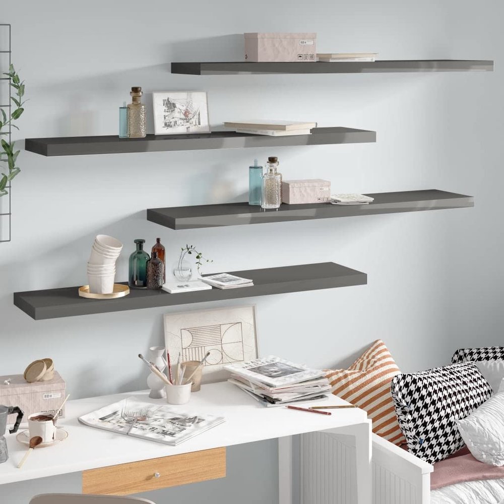 YAFF 4 pcs Floating Shelves Wall Mounted Living Room Decor Floating Wall Shelves High Gloss Gray Wall Decor Display Shelves for Bedroom, Living Room, Office 47.2"x9.3"x1.5" MDF