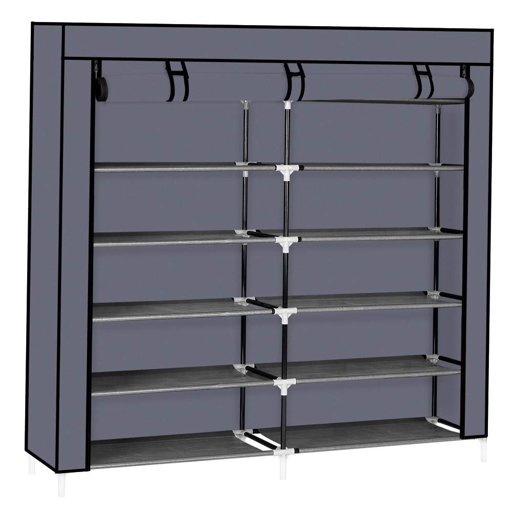 7 Tier Shoe Rack with Dustproof Cover, 36 Pairs Portable Vertical Double Row Shoe Rack Storage Organizer with Nonwoven Fabric Cover Cabinet for Closet & Entryway, Gray