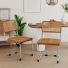 Alunaune Modern Mid Century Dining Chairs Set of 2, Upholstered Natural Rattan Kitchen Chairs Accent Chair, Armless Side Chairs with Metal Chrome Legs for Bedroom Living Room-Brown view 1