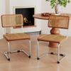 Alunaune Modern Mid Century Dining Chairs Set of 2, Upholstered Natural Rattan Kitchen Chairs Accent Chair, Armless Side Chairs with Metal Chrome Legs for Bedroom Living Room-Brown view 2