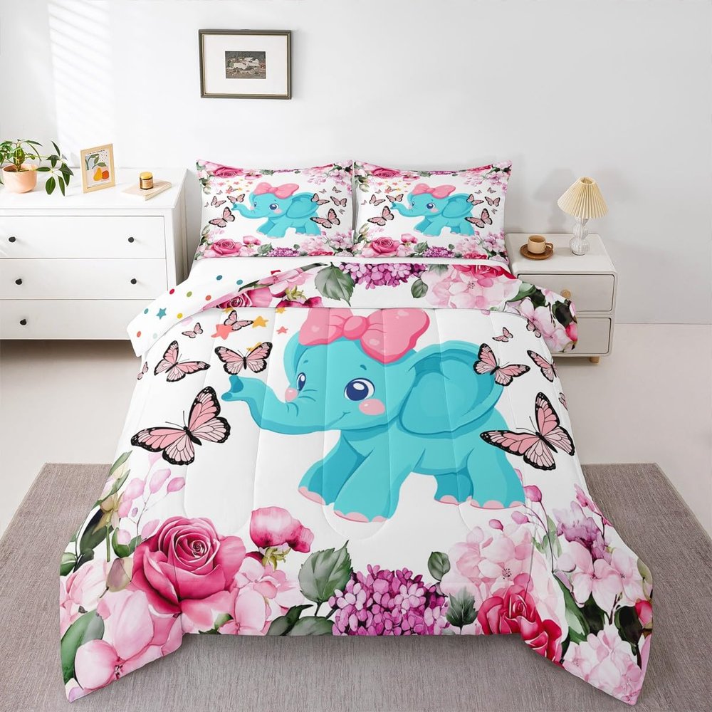 Kawaii Elephant Bedding Set Girls Butterfly Comforter Set Queen Cute Animal Bedding Comforter Sets Purple Pink Rose Flower Duvet Insert Floral Blossoms Quilted Duvet with 2 Pillowcases Soft