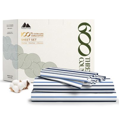 Mayfair Linen 100% Egyptian Cotton Printed Sheets Full Size Bed Set - 4 PC 600 Thread Count Full Sheets Set (Variegated Blue), Ultra Soft, Cooling, 16" Deep Pocket Sateen Weave Luxury Hotel Bedsheet