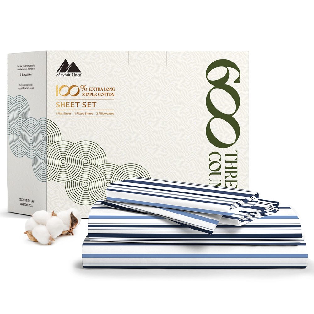 Mayfair Linen 100% Egyptian Cotton Printed Sheets Full Size Bed Set - 4 PC 600 Thread Count Full Sheets Set (Variegated Blue), Ultra Soft, Cooling, 16" Deep Pocket Sateen Weave Luxury Hotel Bedsheet